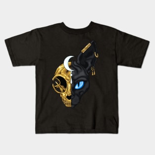 Black sphinx cat with golden skull Kids T-Shirt